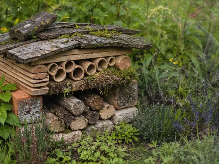 Naturnaher Unterschlupf aus Holz Rinde und Pflanzenstängeln im Garten; Thema Insektenfreundlicher Garten, Schwerpunkt Checkliste; Titelbild.