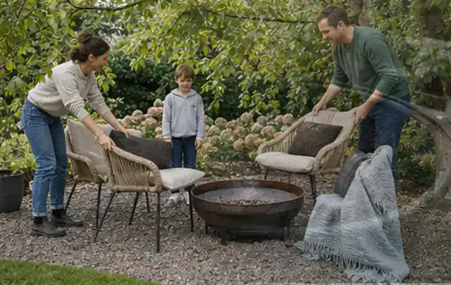 Familie stellt wetterfeste Sessel an einem geschützten Sitzplatz im Garten auf; Thema Insektenfreundlicher Garten, Schwerpunkt Checkliste; Umsetzung.