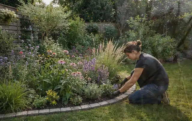 Person pflegt die klare Kante eines geschwungenen blühenden Staudenbeets; Thema Insektenfreundlicher Garten, Schwerpunkt Checkliste; Ergebnis.