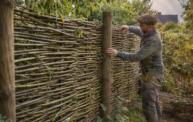 Person befestigt geflochtene Weidenruten an stabilen Holzpfosten im Garten; Thema Insektenfreundlicher Garten, Schwerpunkt Fehlerhilfe; Ausgangslage.