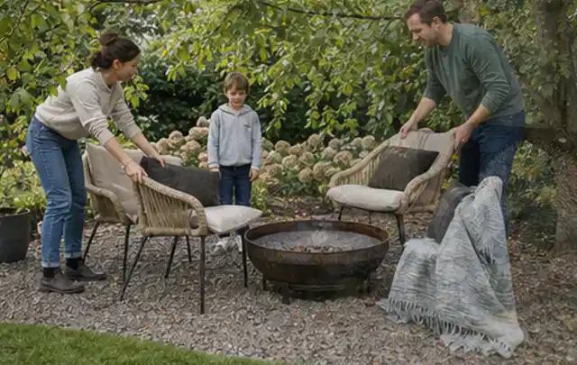 Familie stellt wetterfeste Sessel an einem geschützten Sitzplatz im Garten auf; Thema Insektenfreundlicher Garten, Schwerpunkt Fehlerhilfe; Umsetzung.