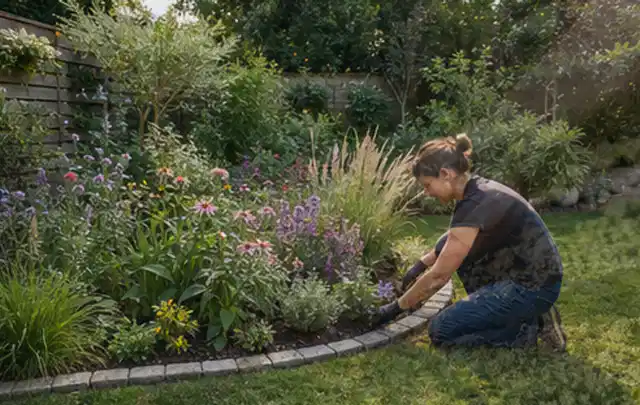 Person pflegt die klare Kante eines geschwungenen blühenden Staudenbeets; Thema Insektenfreundlicher Garten, Schwerpunkt Fehlerhilfe; Kontrolle.