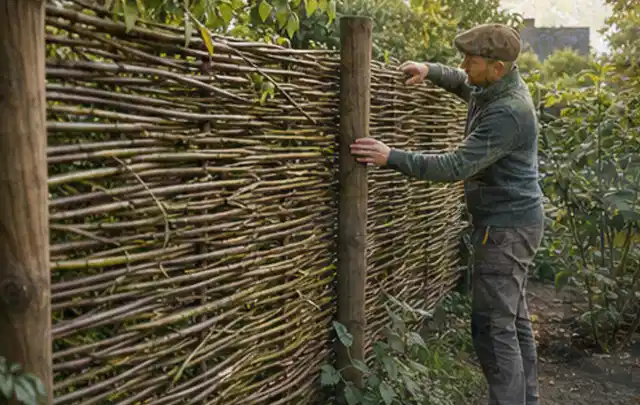 Person befestigt geflochtene Weidenruten an stabilen Holzpfosten im Garten; Thema Insektenfreundlicher Garten, Schwerpunkt mit kleiner Fläche; Umsetzung.