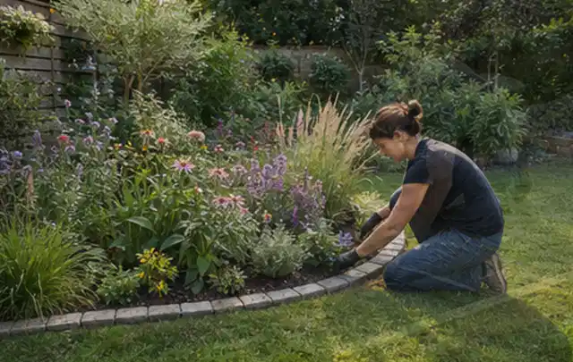 Person pflegt die klare Kante eines geschwungenen blühenden Staudenbeets; Thema Insektenfreundlicher Garten, Schwerpunkt Gärten mit kleiner Fläche;…