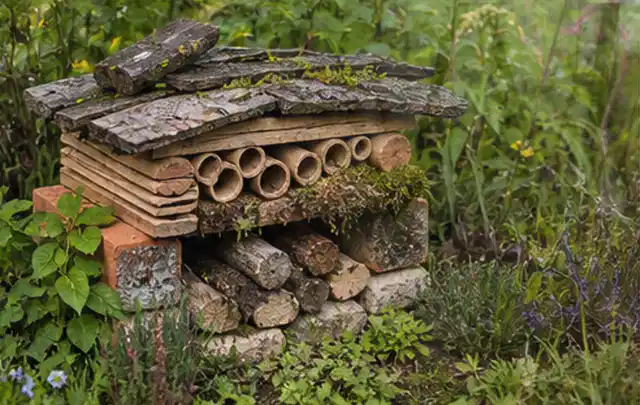 Naturnaher Unterschlupf aus Holz Rinde und Pflanzenstängeln im Garten; Thema Insektenfreundlicher Garten, Schwerpunkt mit kleiner Fläche; Ergebnis.