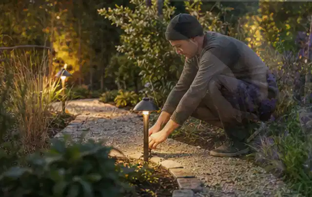 Person richtet eine niedrige warm leuchtende Gartenlampe am Kiesweg aus; Thema Insektenfreundlicher Garten, Schwerpunkt Gärten mit kleiner Fläche;…