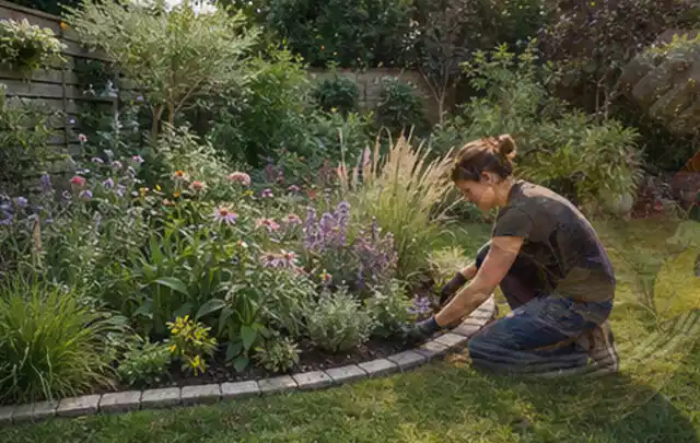 Person pflegt die klare Kante eines geschwungenen blühenden Staudenbeets; Thema Insektenfreundlicher Garten, Schwerpunkt Garten gestalten; Kontrolle.
