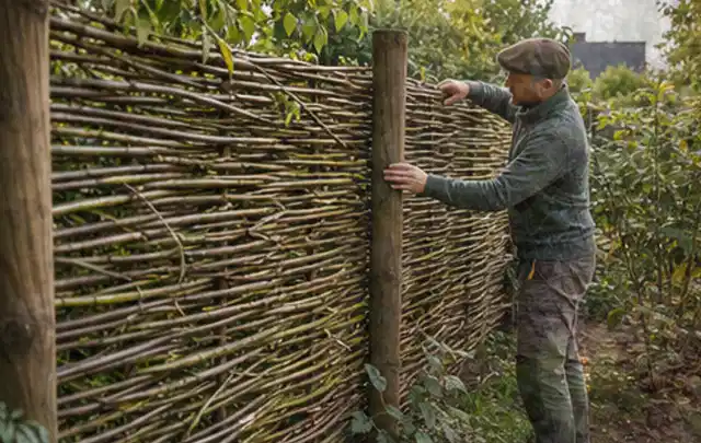 Person befestigt geflochtene Weidenruten an stabilen Holzpfosten im Garten; Thema Insektenfreundlicher Garten, Schwerpunkt gestalten; Ergebnis.