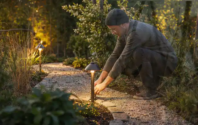 Person richtet eine niedrige warm leuchtende Gartenlampe am Kiesweg aus; Thema Insektenfreundlicher Garten, Schwerpunkt Hanglage; Umsetzung.