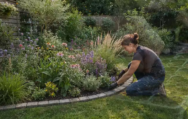 Person pflegt die klare Kante eines geschwungenen blühenden Staudenbeets; Thema Insektenfreundlicher Garten, Schwerpunkt Hanglage; Kontrolle.