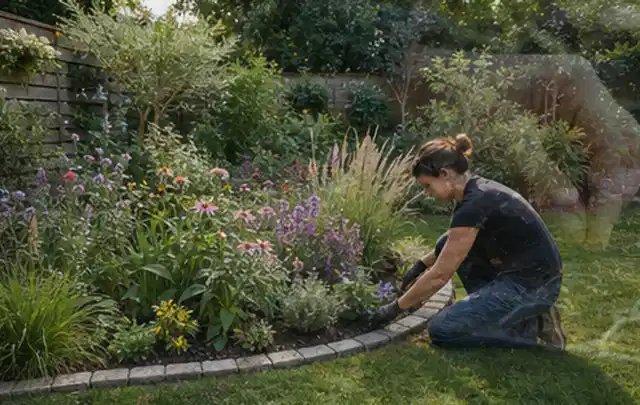 Person pflegt die klare Kante eines geschwungenen blühenden Staudenbeets; Thema Insektenfreundlicher Garten, Schwerpunkt Inspiration; Ausgangslage.