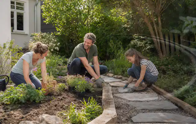 Familie geht auf einem Weg durch einen abwechslungsreich gestalteten Garten; Thema Insektenfreundlicher Garten, Schwerpunkt Inspiration; Umsetzung.