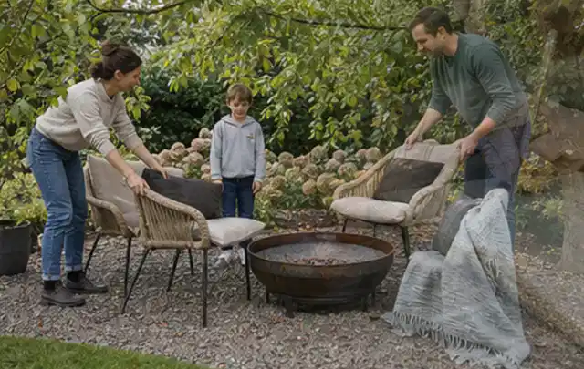 Familie stellt wetterfeste Sessel an einem geschützten Sitzplatz im Garten auf; Thema Insektenfreundlicher Garten, Schwerpunkt Inspiration; Kontrolle.
