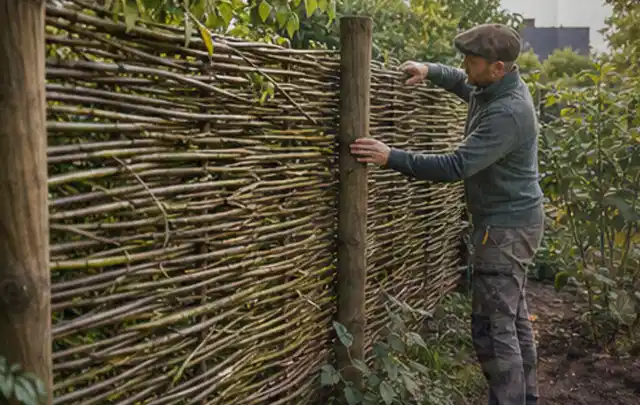 Person befestigt geflochtene Weidenruten an stabilen Holzpfosten im Garten; Thema Insektenfreundlicher Garten, Schwerpunkt Inspiration; Praxisalltag.
