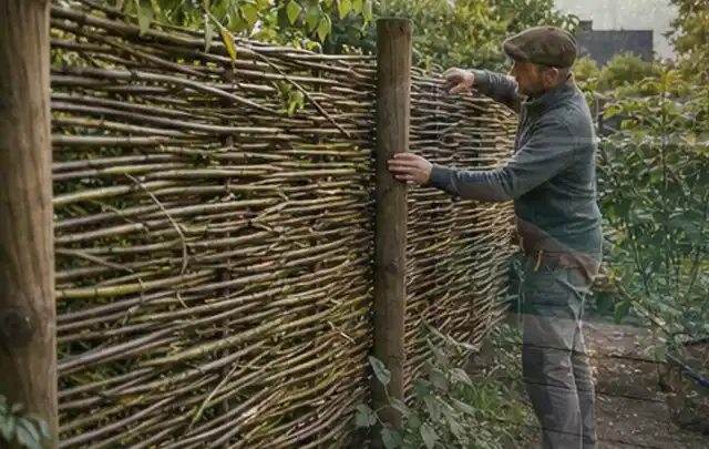 Person befestigt geflochtene Weidenruten an stabilen Holzpfosten im Garten; Thema Insektenfreundlicher Garten, Schwerpunkt Kosten; Ausgangslage.