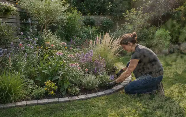 Person pflegt die klare Kante eines geschwungenen blühenden Staudenbeets; Thema Insektenfreundlicher Garten, Schwerpunkt Kosten; Umsetzung.