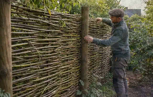 Person befestigt geflochtene Weidenruten an stabilen Holzpfosten im Garten; Thema Insektenfreundlicher Garten, Schwerpunkt Materialwahl; Ausgangslage.