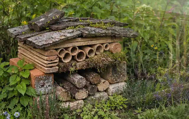 Naturnaher Unterschlupf aus Holz Rinde und Pflanzenstängeln im Garten; Thema Insektenfreundlicher Garten, Schwerpunkt Materialwahl; Umsetzung.