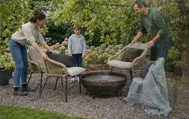 Familie stellt wetterfeste Sessel an einem geschützten Sitzplatz im Garten auf; Thema Insektenfreundlicher Garten, Schwerpunkt Materialwahl; Kontrolle.