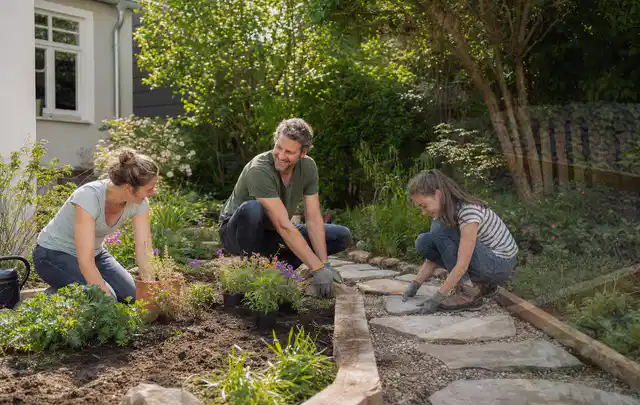 Familie geht auf einem Weg durch einen abwechslungsreich gestalteten Garten; Thema Insektenfreundlicher Garten, Schwerpunkt Naturgarten; Ausgangslage.