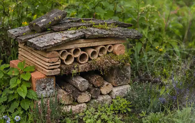 Naturnaher Unterschlupf aus Holz Rinde und Pflanzenstängeln im Garten; Thema Insektenfreundlicher Garten, Schwerpunkt Naturgarten; Umsetzung.