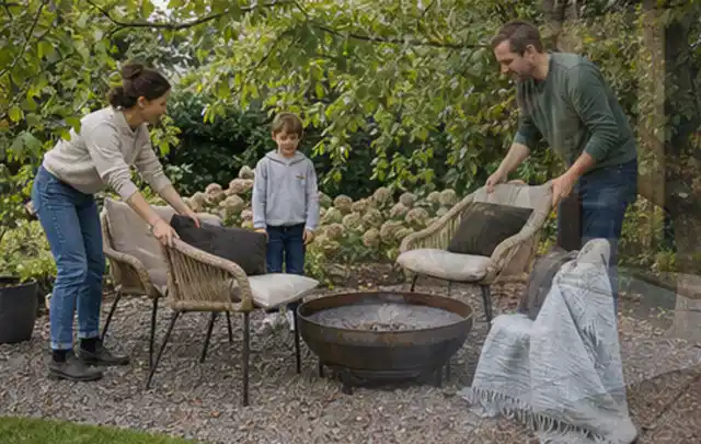 Familie stellt wetterfeste Sessel an einem geschützten Sitzplatz im Garten auf; Thema Insektenfreundlicher Garten, Schwerpunkt Naturgarten; Kontrolle.