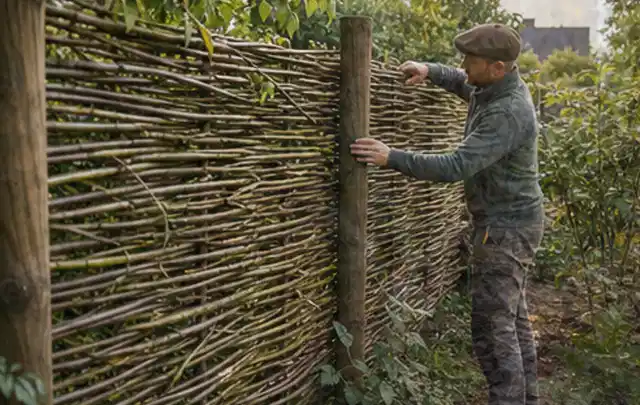 Person befestigt geflochtene Weidenruten an stabilen Holzpfosten im Garten; Thema Insektenfreundlicher Garten, Schwerpunkt Naturgarten; Ergebnis.