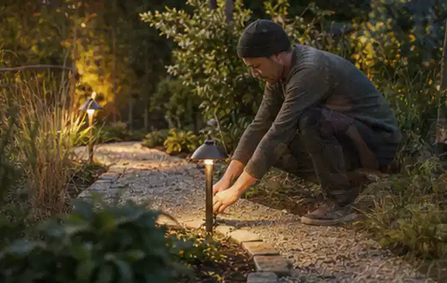Person richtet eine niedrige warm leuchtende Gartenlampe am Kiesweg aus; Thema Insektenfreundlicher Garten, Schwerpunkt Naturgarten; Praxisalltag.