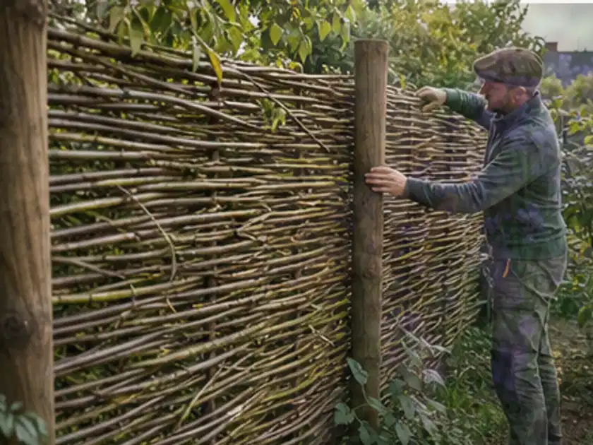 Person befestigt geflochtene Weidenruten an stabilen Holzpfosten im Garten; Thema Insektenfreundlicher Garten, Schwerpunkt Pflegeleichtigkeit; Titelbild.