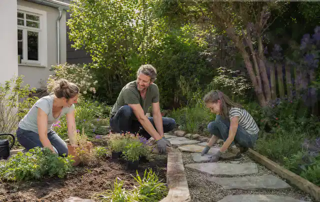 Familie geht auf einem Weg durch einen abwechslungsreich gestalteten Garten; Thema Insektenfreundlicher Garten, Schwerpunkt Pflegeleichtigkeit;…