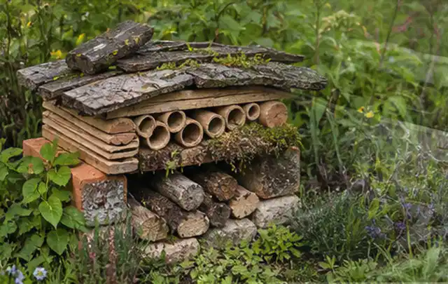 Naturnaher Unterschlupf aus Holz Rinde und Pflanzenstängeln im Garten; Thema Insektenfreundlicher Garten, Schwerpunkt Pflegeleichtigkeit; Ergebnis.