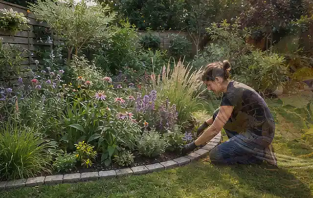 Person pflegt die klare Kante eines geschwungenen blühenden Staudenbeets; Thema Insektenfreundlicher Garten, Schwerpunkt Pflegeleichtigkeit; Praxisalltag.