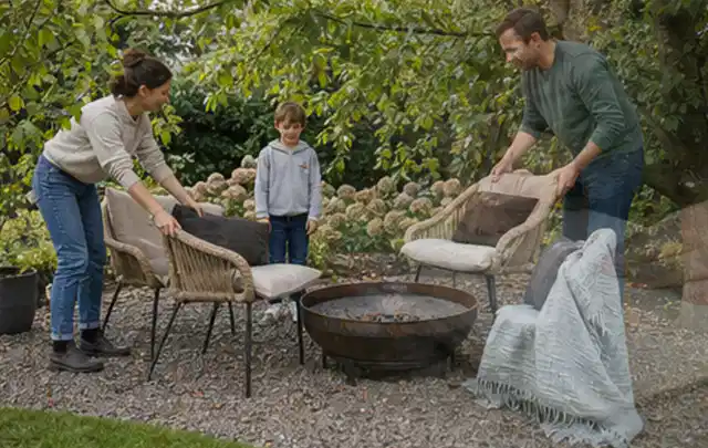 Familie stellt wetterfeste Sessel an einem geschützten Sitzplatz im Garten auf; Thema Insektenfreundlicher Garten, Schwerpunkt Planung; Umsetzung.