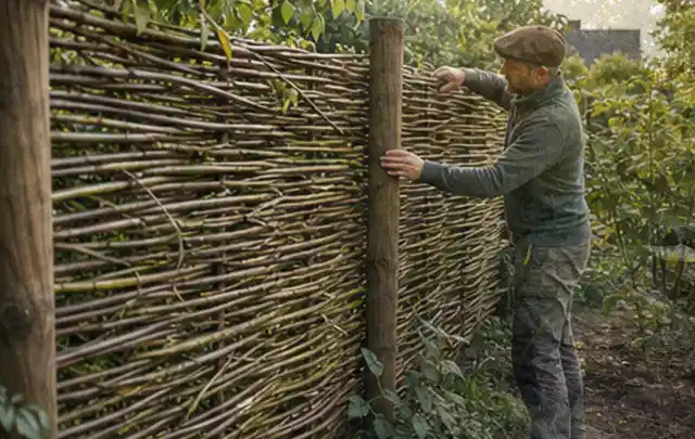 Person befestigt geflochtene Weidenruten an stabilen Holzpfosten im Garten; Thema Insektenfreundlicher Garten, Schwerpunkt Planung; Kontrolle.
