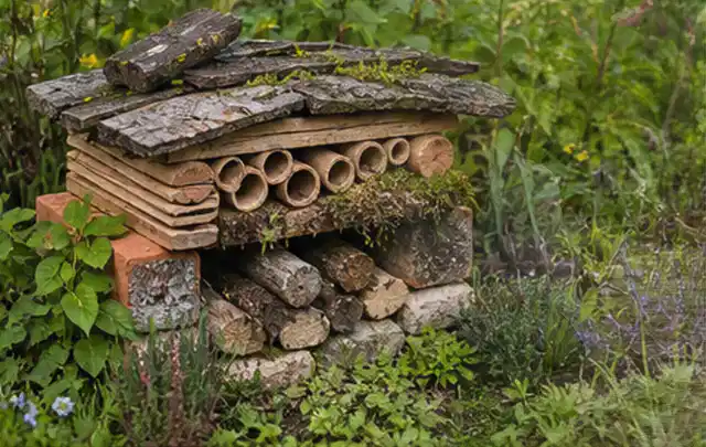 Naturnaher Unterschlupf aus Holz Rinde und Pflanzenstängeln im Garten; Thema Insektenfreundlicher Garten, Schwerpunkt Planung; Ergebnis.