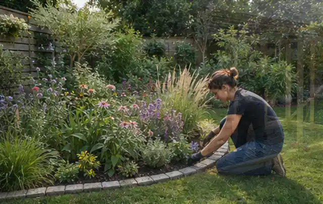 Person pflegt die klare Kante eines geschwungenen blühenden Staudenbeets; Thema Insektenfreundlicher Garten, Schwerpunkt Planung; Praxisalltag.