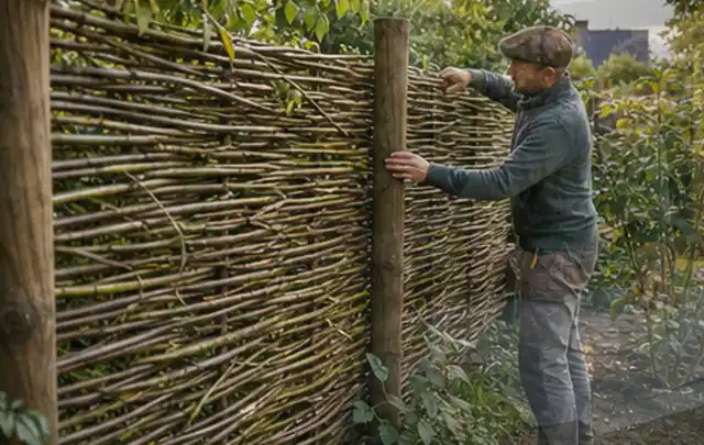 Person befestigt geflochtene Weidenruten an stabilen Holzpfosten im Garten; Thema Insektenfreundlicher Garten, Schwerpunkt Praxisbeispiele; Ausgangslage.