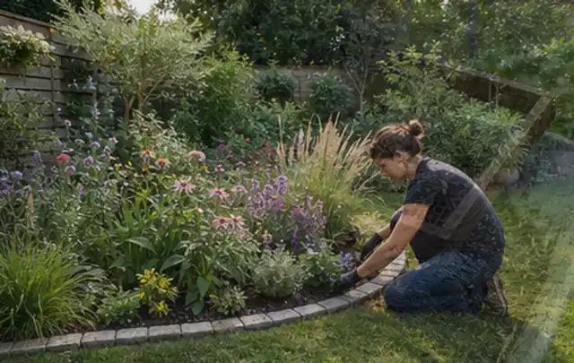 Person pflegt die klare Kante eines geschwungenen blühenden Staudenbeets; Thema Insektenfreundlicher Garten, Schwerpunkt Praxisbeispiele; Umsetzung.