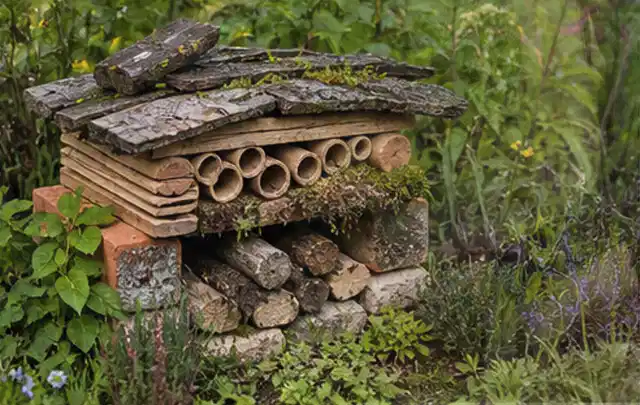 Naturnaher Unterschlupf aus Holz Rinde und Pflanzenstängeln im Garten; Thema Insektenfreundlicher Garten, Schwerpunkt Praxisbeispiele; Kontrolle.