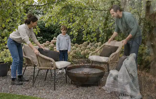 Familie stellt wetterfeste Sessel an einem geschützten Sitzplatz im Garten auf; Thema Insektenfreundlicher Garten, Schwerpunkt Praxisbeispiele; Ergebnis.