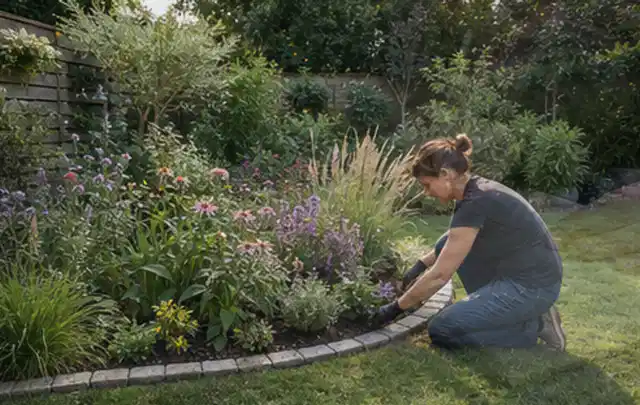 Person pflegt die klare Kante eines geschwungenen blühenden Staudenbeets; Thema Insektenfreundlicher Garten, Schwerpunkt Privatsphäre; Ausgangslage.