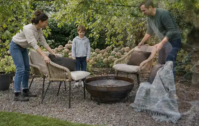 Familie stellt wetterfeste Sessel an einem geschützten Sitzplatz im Garten auf; Thema Insektenfreundlicher Garten, Schwerpunkt Privatsphäre; Umsetzung.