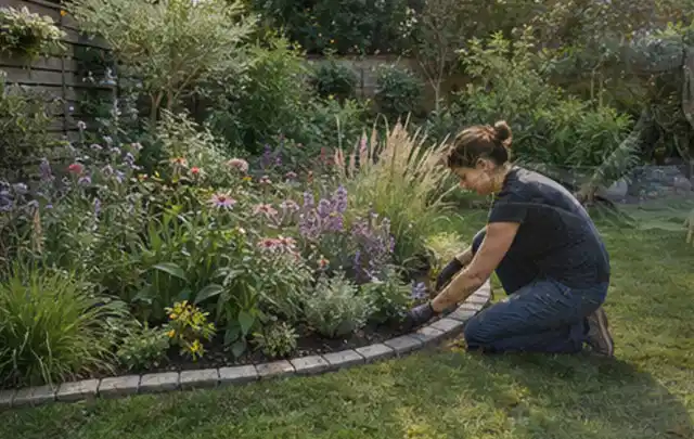 Person pflegt die klare Kante eines geschwungenen blühenden Staudenbeets; Thema Insektenfreundlicher Garten, Schwerpunkt Wegeführung; Umsetzung.