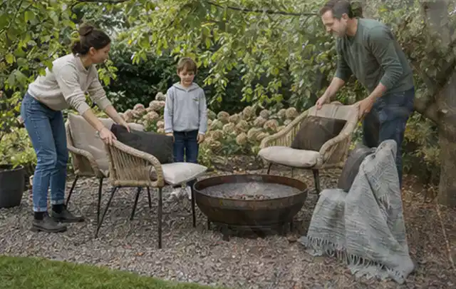 Familie stellt wetterfeste Sessel an einem geschützten Sitzplatz im Garten auf; Thema Insektenfreundlicher Garten, Schwerpunkt Wegeführung; Ergebnis.