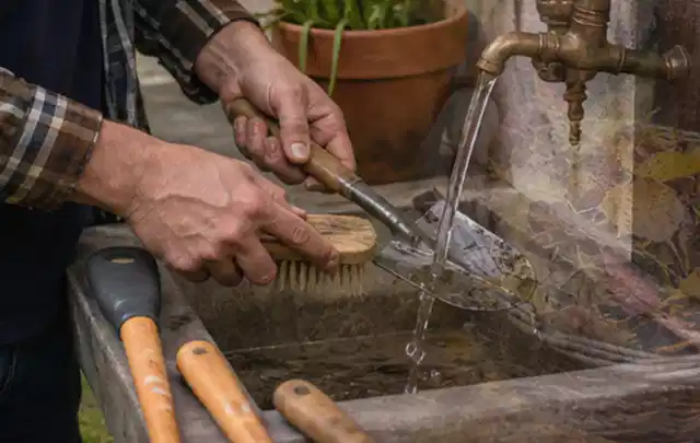 Hände reinigen gebrauchte Gartengeräte mit Bürste und Wasser am Außenbecken; Thema Installation, Schwerpunkt Mähroboter; Kontrolle.