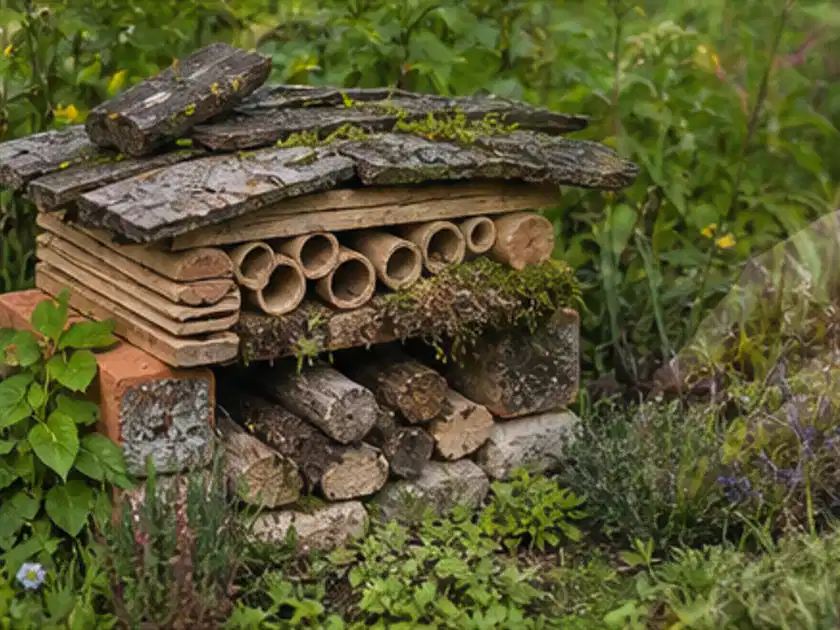 Naturnaher Unterschlupf aus Holz Rinde und Pflanzenstängeln im Garten; Thema Japanischer Garten, Schwerpunkt Anleitung; Titelbild.