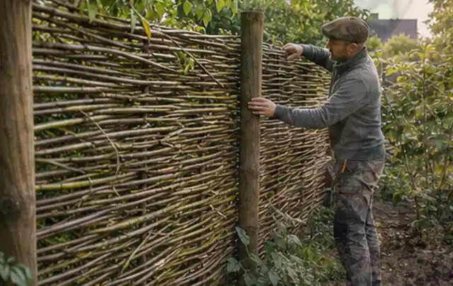 Person befestigt geflochtene Weidenruten an stabilen Holzpfosten im Garten; Thema Japanischer Garten, Schwerpunkt Anleitung; Ausgangslage.