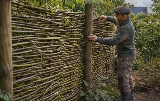 Person befestigt geflochtene Weidenruten an stabilen Holzpfosten im Garten; Thema Japanischer Garten, Schwerpunkt Beleuchtung; Ausgangslage.