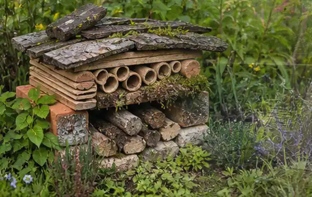 Naturnaher Unterschlupf aus Holz Rinde und Pflanzenstängeln im Garten; Thema Japanischer Garten, Schwerpunkt Beleuchtung; Umsetzung.