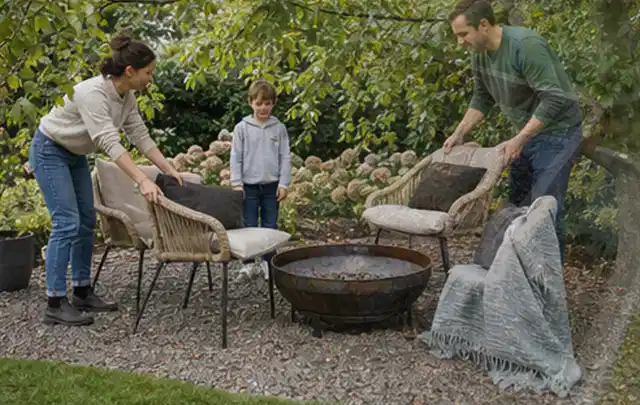 Familie stellt wetterfeste Sessel an einem geschützten Sitzplatz im Garten auf; Thema Japanischer Garten, Schwerpunkt Beleuchtung; Ergebnis.